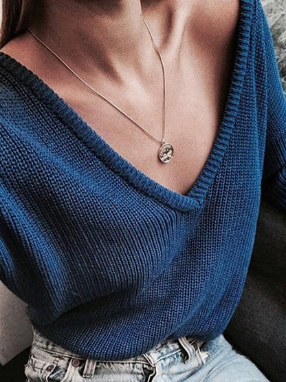Sweaters Casual Solid V-Neck Long Sleeve Knitted Sweater - LuckyFash™