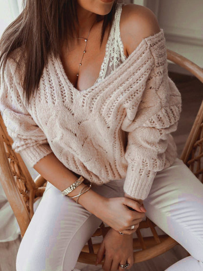 Women's Sweaters Casual V-Neck Off-The-Shoulder Knitted Sweater - LuckyFash™