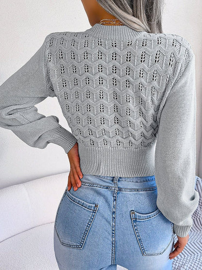 Sweaters Cutout Striped Balloon Sleeve Cropped Knit Sweater - LuckyFash™