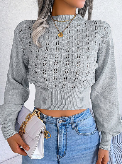 Sweaters Cutout Striped Balloon Sleeve Cropped Knit Sweater - LuckyFash™