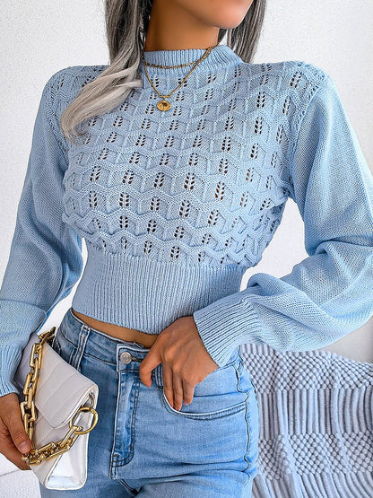 Sweaters Cutout Striped Balloon Sleeve Cropped Knit Sweater - LuckyFash™