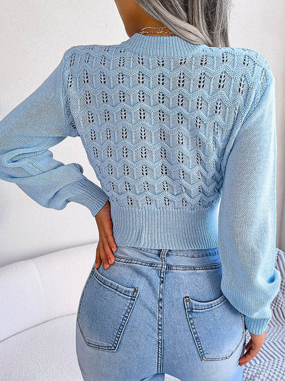 Sweaters Cutout Striped Balloon Sleeve Cropped Knit Sweater - LuckyFash™