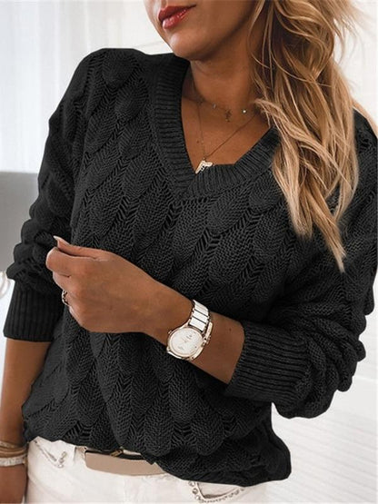 Sweaters Knitted Feather Hollow V-Neck Long Sleeve Sweater - LuckyFash™