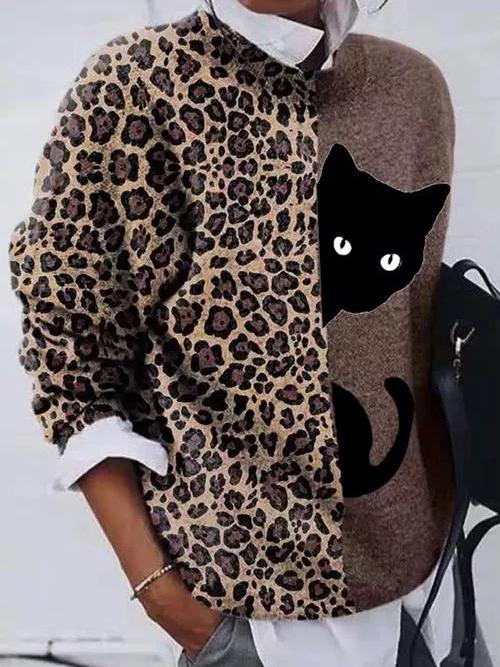 Sweaters Leopard Cat Crew Neck Long Sleeve T-Shirt - LuckyFash™