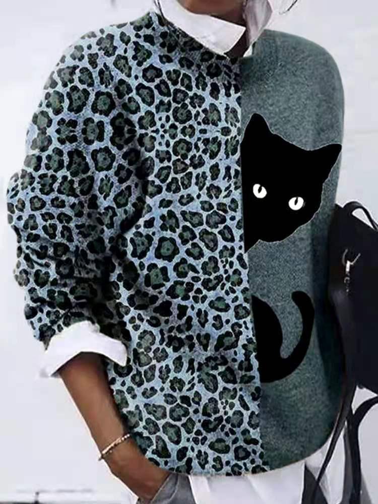 Sweaters Leopard Cat Crew Neck Long Sleeve T-Shirt - LuckyFash™