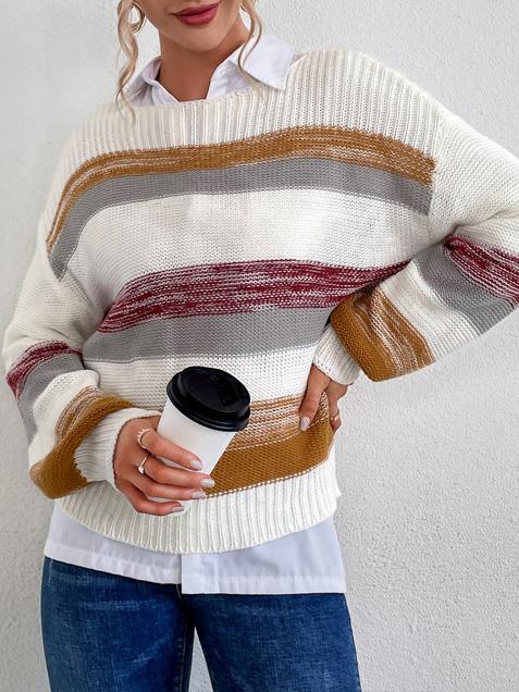 Women's Sweaters Loose Striped Round Neck Long Sleeve Sweater - LuckyFash™
