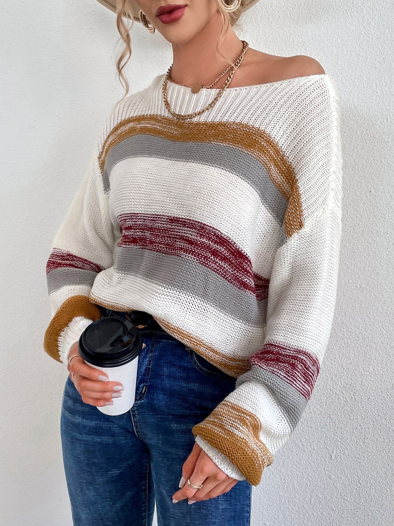 Women's Sweaters Loose Striped Round Neck Long Sleeve Sweater - LuckyFash™
