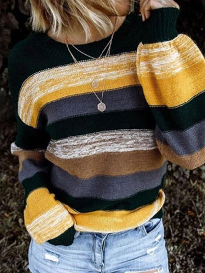 Women's Sweaters Round Neck Contrast Stitching Long Sleeve Striped Knitted Sweater - LuckyFash™