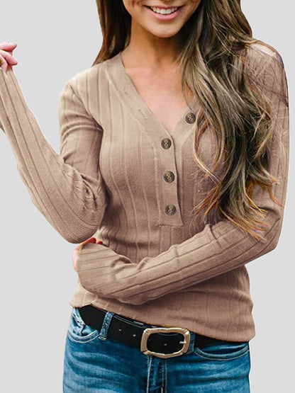 Women's Sweaters Solid V-Neck Button Long Sleeve Knit Sweater - LuckyFash™