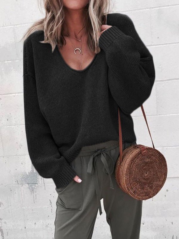 Women's Sweaters Solid V-Neck Long Sleeve Sweater - LuckyFash™