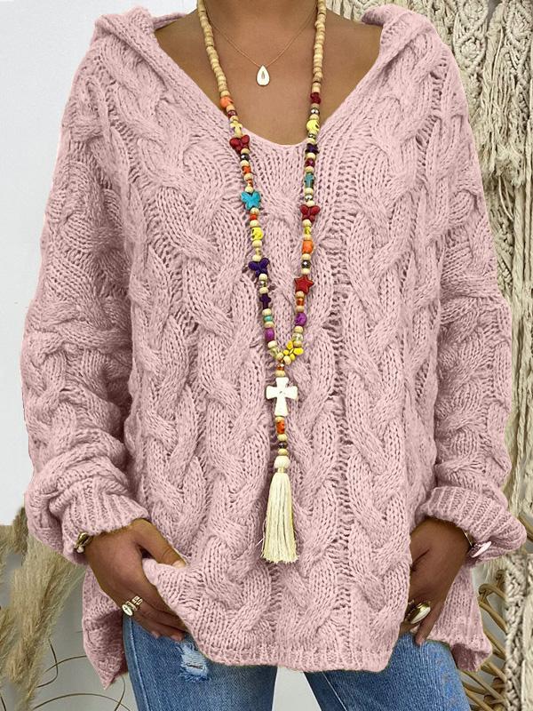 Sweaters Solid V-Neck Twist Knit Hoodie Sweater - LuckyFash™