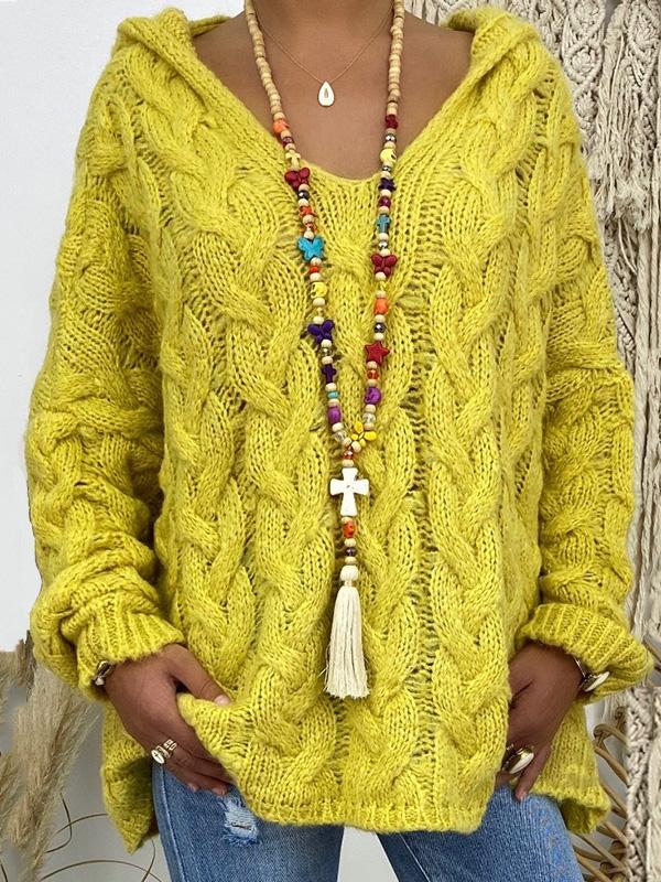 Sweaters Solid V-Neck Twist Knit Hoodie Sweater - LuckyFash™