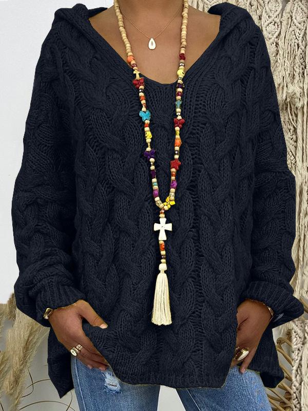 Sweaters Solid V-Neck Twist Knit Hoodie Sweater - LuckyFash™