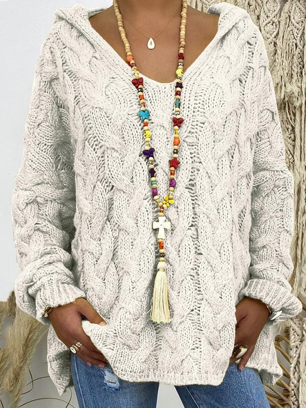 Sweaters Solid V-Neck Twist Knit Hoodie Sweater - LuckyFash™