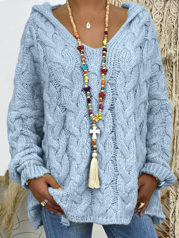 Sweaters Solid V-Neck Twist Knit Hoodie Sweater - LuckyFash™