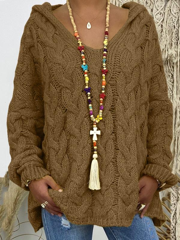 Sweaters Solid V-Neck Twist Knit Hoodie Sweater - LuckyFash™