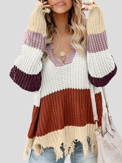 Women's Sweaters V-Neck Contrast Striped Fringe Long Sleeve Sweater - LuckyFash™