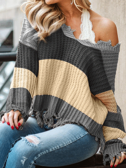 Women's Sweaters V-Neck Contrast Striped Fringe Long Sleeve Sweater - LuckyFash™