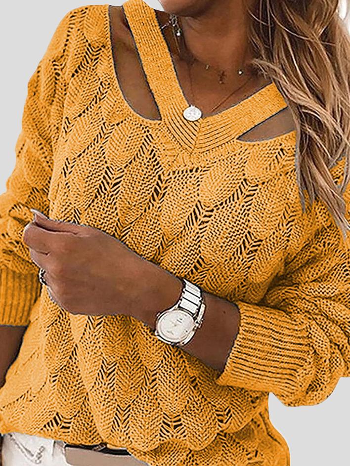 Women's Sweaters V-Neck Hollow Long Sleeve Knitted Sweater - LuckyFash™