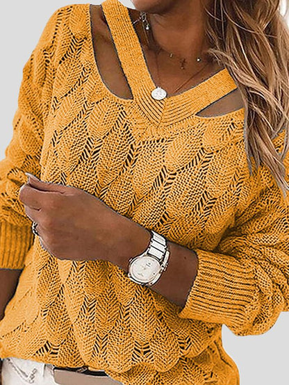Women's Sweaters V-Neck Hollow Long Sleeve Knitted Sweater - LuckyFash™