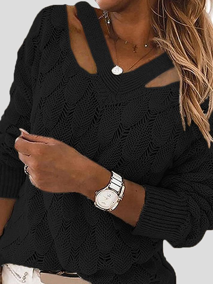 Women's Sweaters V-Neck Hollow Long Sleeve Knitted Sweater - LuckyFash™