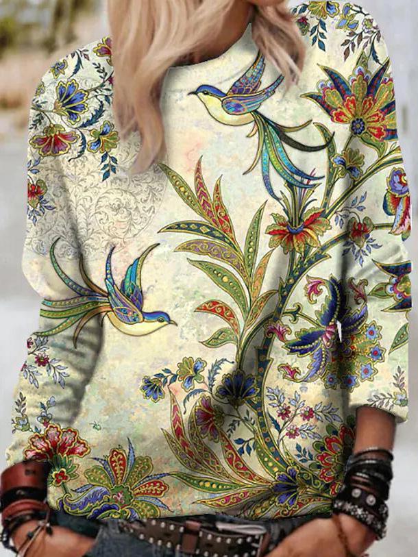 Women's T-Shirts Animal And Plant Print Round Neck Long Sleeve T-Shirts - LuckyFash™