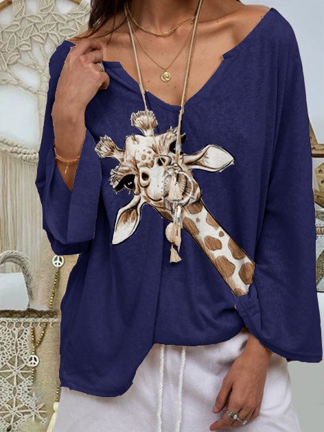 Women's T-Shirts Animal Print V-Neck Long Sleeve T-Shirt - LuckyFash™