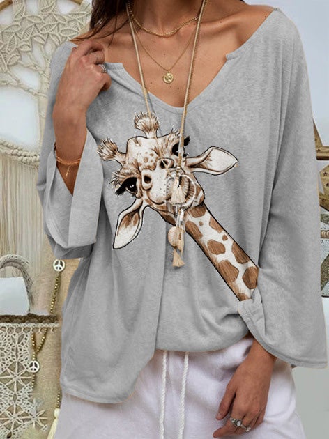Women's T-Shirts Animal Print V-Neck Long Sleeve T-Shirt - LuckyFash™