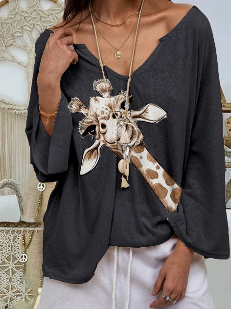 Women's T-Shirts Animal Print V-Neck Long Sleeve T-Shirt - LuckyFash™