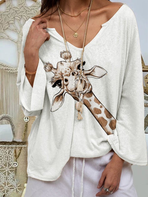Women's T-Shirts Animal Print V-Neck Long Sleeve T-Shirt - LuckyFash™
