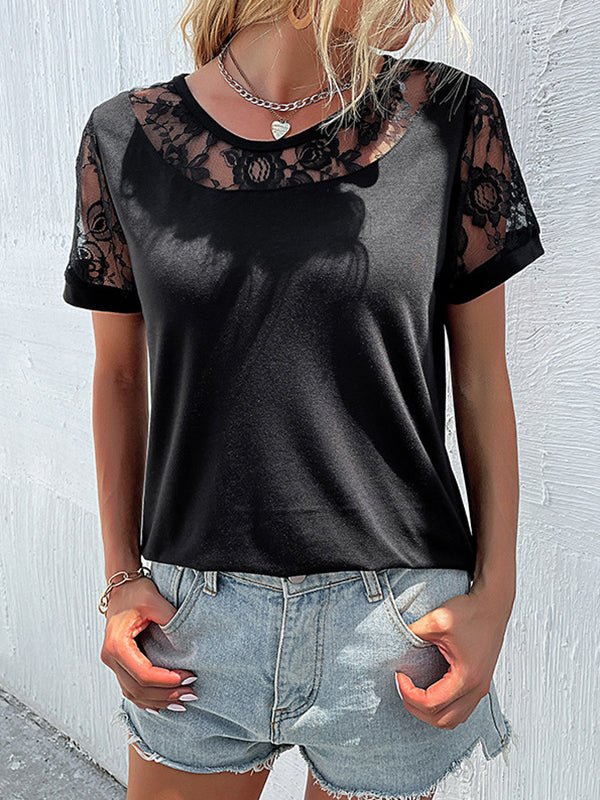 T-Shirts Black Lace Fashion Short Sleeve T-Shirt - LuckyFash™