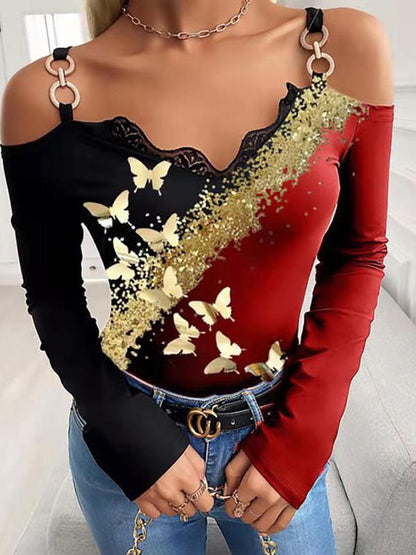 Women's T-Shirts Bronzing Butterfly Print Off-Shoulder T-Shirt - LuckyFash™