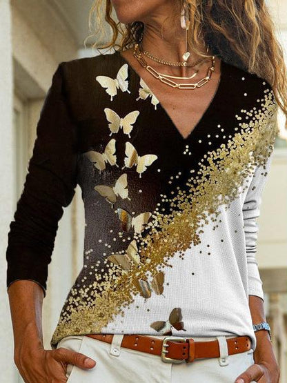Women's T-Shirts Butterfly Print Long Sleeve V-Neck T-Shirt - LuckyFash™