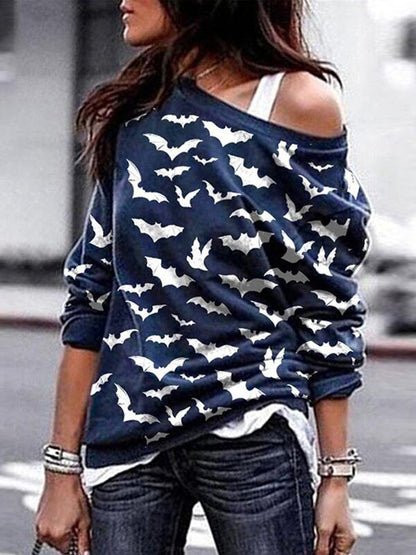 Women's T-Shirts Halloween Skull Bat Print Round Neck Long Sleeve T-Shirts - LuckyFash™