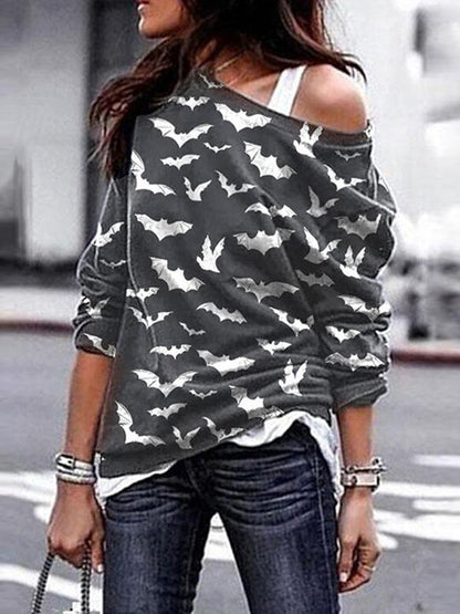 Women's T-Shirts Halloween Skull Bat Print Round Neck Long Sleeve T-Shirts - LuckyFash™