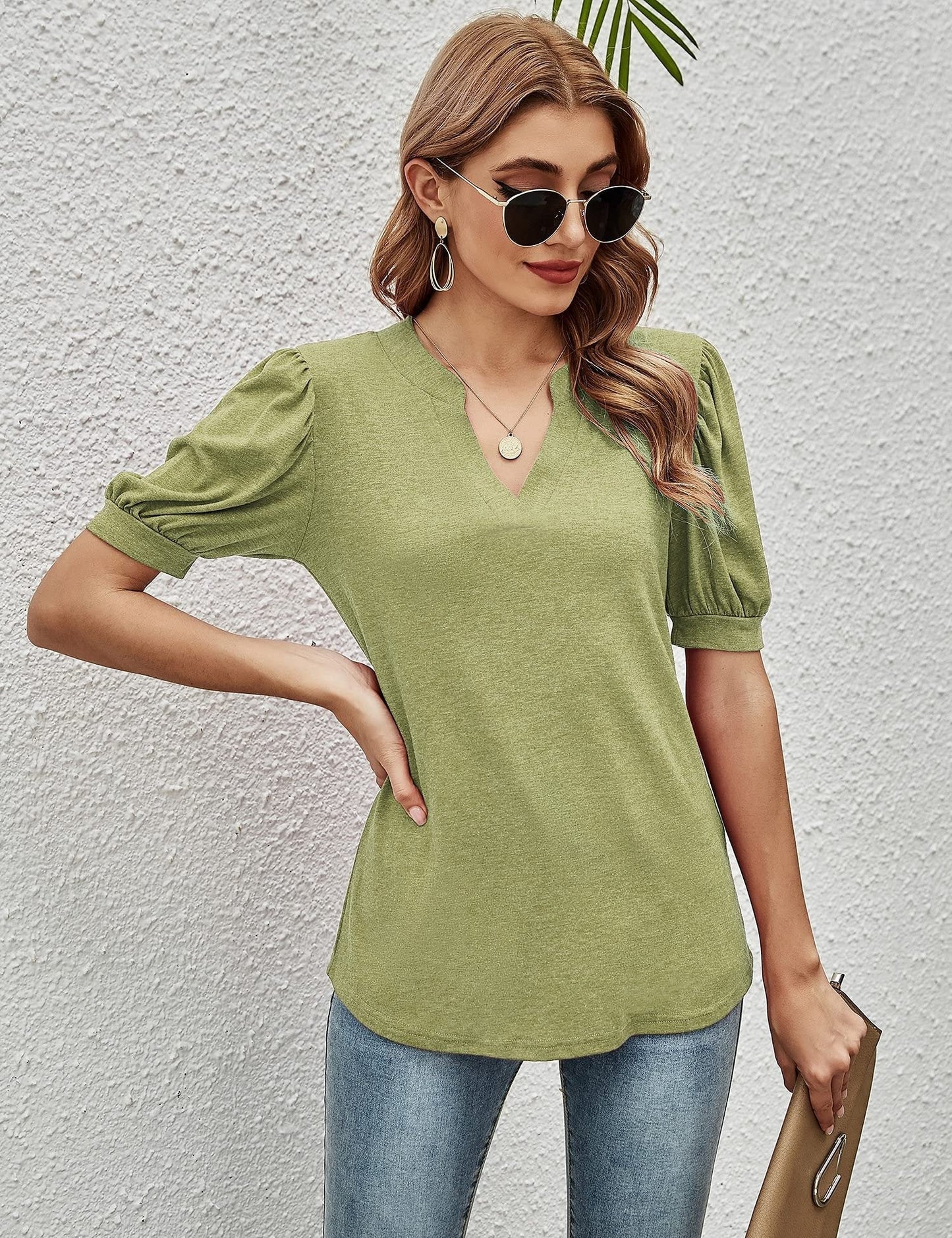 T-Shirts Casual V-Neck Loose Puff Sleeve T-Shirt - LuckyFash™