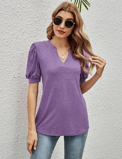 T-Shirts Casual V-Neck Loose Puff Sleeve T-Shirt - LuckyFash™