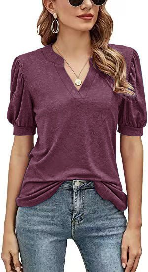 T-Shirts Casual V-Neck Loose Puff Sleeve T-Shirt - LuckyFash™