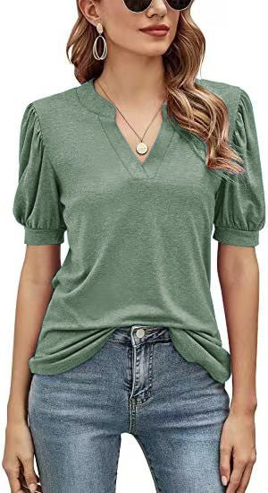 T-Shirts Casual V-Neck Loose Puff Sleeve T-Shirt - LuckyFash™