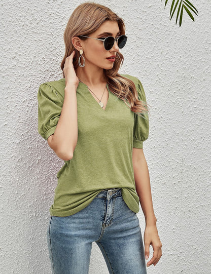 T-Shirts Casual V-Neck Loose Puff Sleeve T-Shirt - LuckyFash™