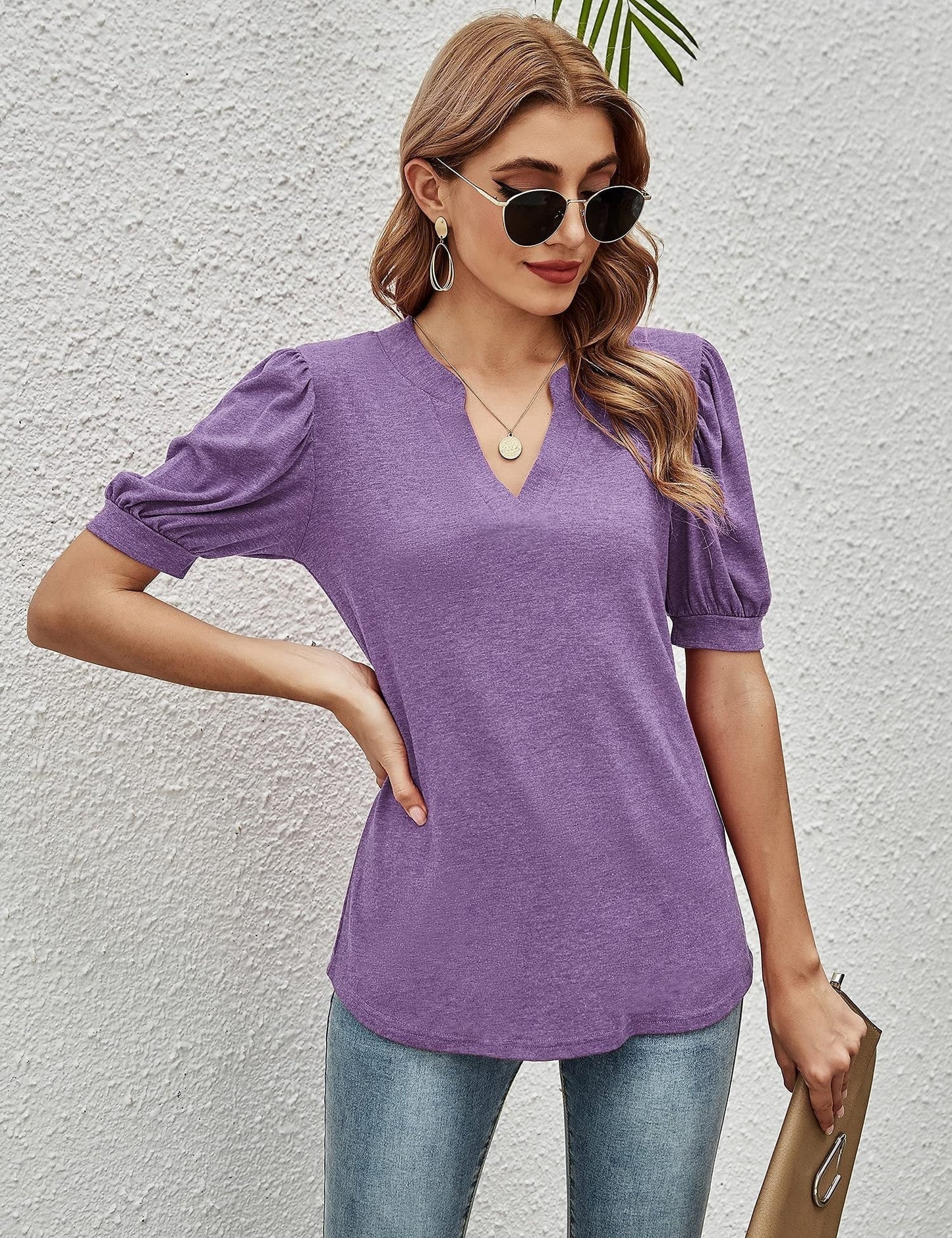 T-Shirts Casual V-Neck Loose Puff Sleeve T-Shirt - LuckyFash™