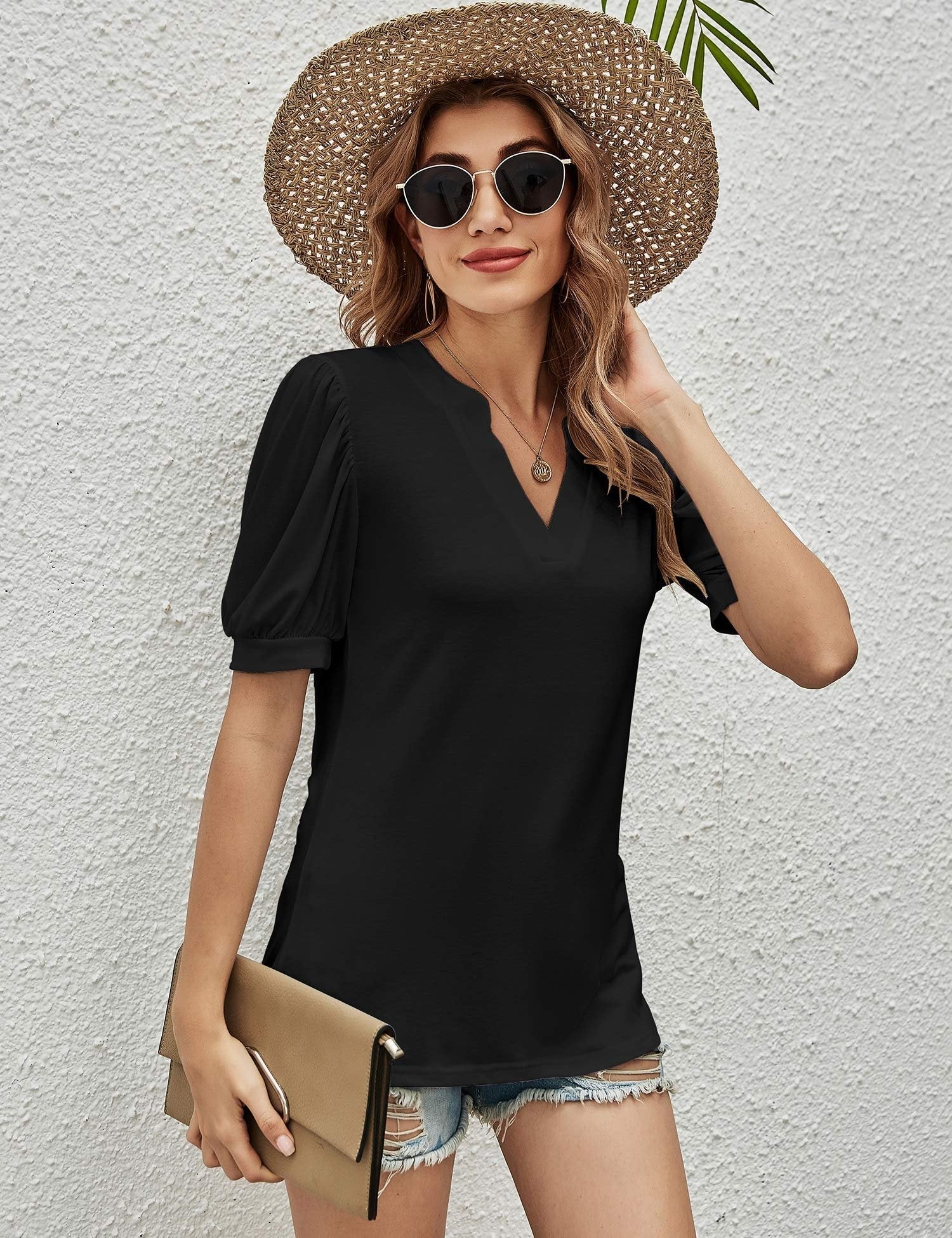 T-Shirts Casual V-Neck Loose Puff Sleeve T-Shirt - LuckyFash™