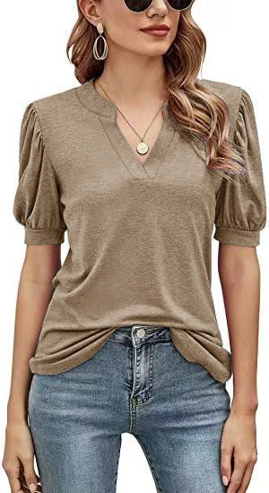 T-Shirts Casual V-Neck Loose Puff Sleeve T-Shirt - LuckyFash™