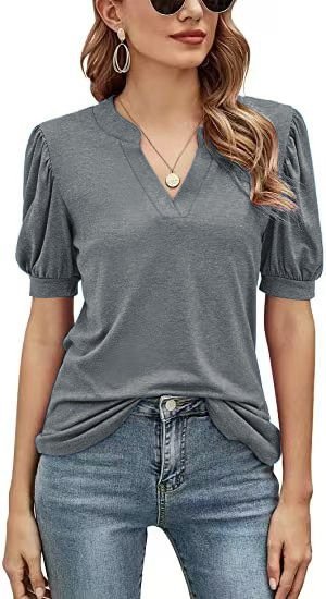 T-Shirts Casual V-Neck Loose Puff Sleeve T-Shirt - LuckyFash™