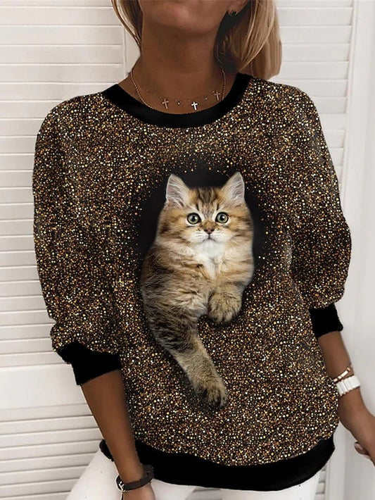 T-Shirts Cat Print Round Neck Long Sleeve Casual T-Shirt - LuckyFash™