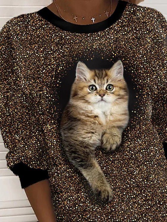 T-Shirts Cat Print Round Neck Long Sleeve Casual T-Shirt - LuckyFash™