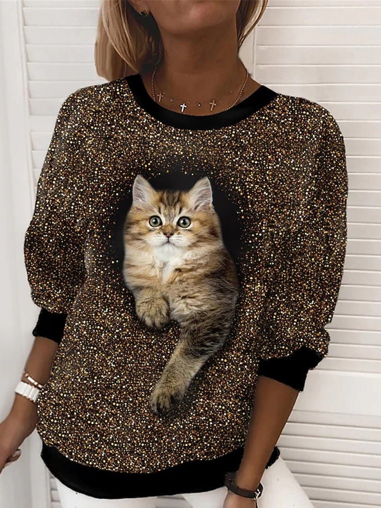 T-Shirts Cat Print Round Neck Long Sleeve Casual T-Shirt - LuckyFash™