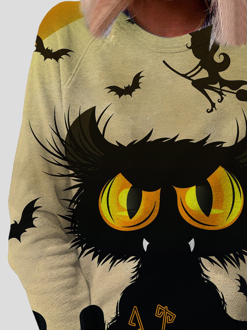 T-Shirts Cat Print Round Neck Long Sleeve T-Shirt - LuckyFash™