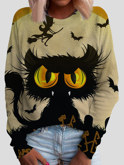 T-Shirts Cat Print Round Neck Long Sleeve T-Shirt - LuckyFash™