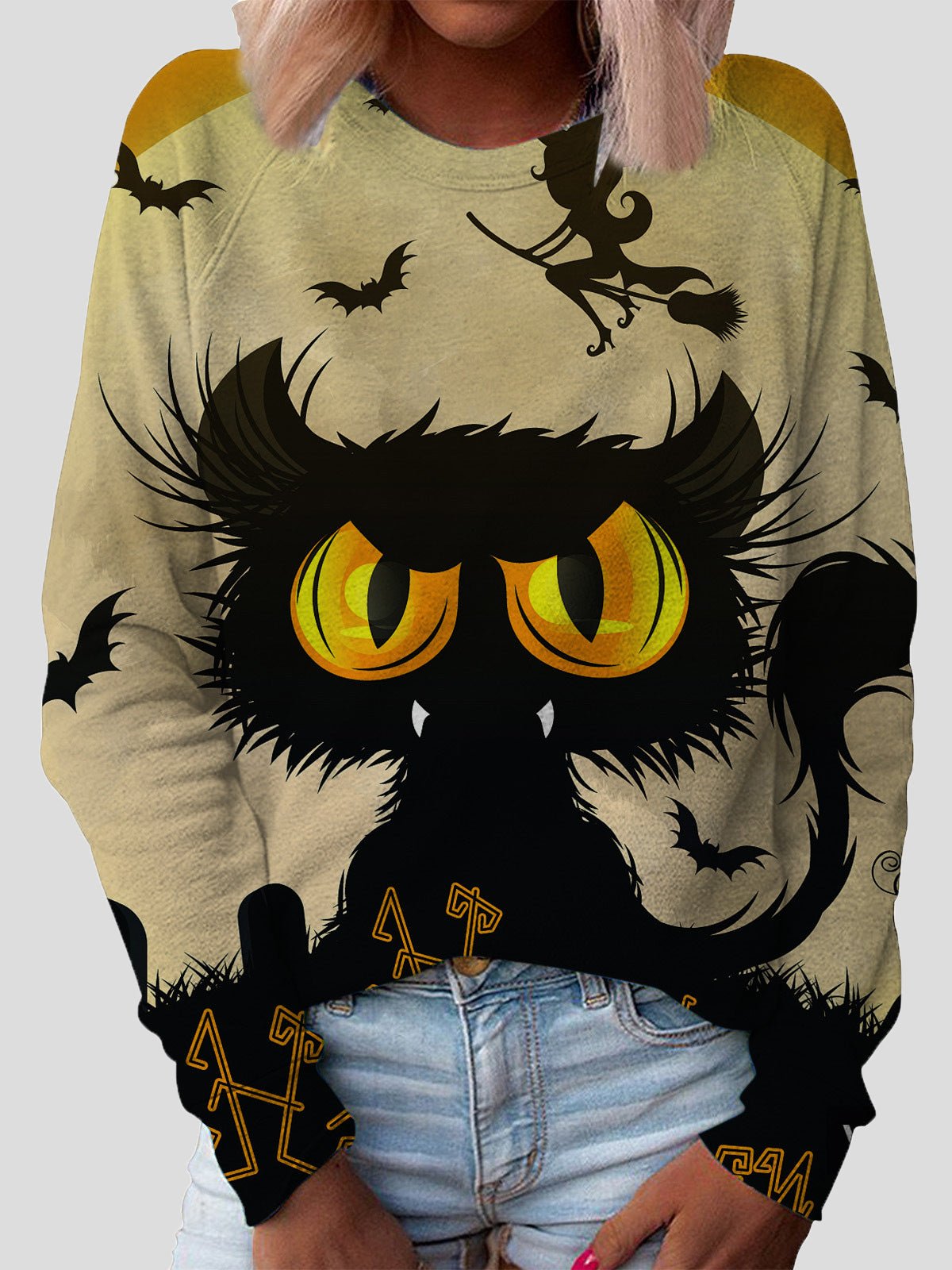 T-Shirts Cat Print Round Neck Long Sleeve T-Shirt - LuckyFash™